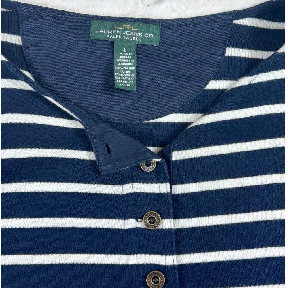 Lauren Ralph Lauren Jeans Co Womens L Navy White Striped Henley Nautical Cotton
